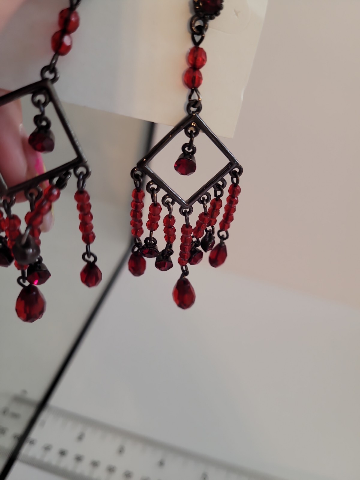 Red Beaded Chandelier Dangle Earrings Gunmetal Tone Geometric Boho Statement