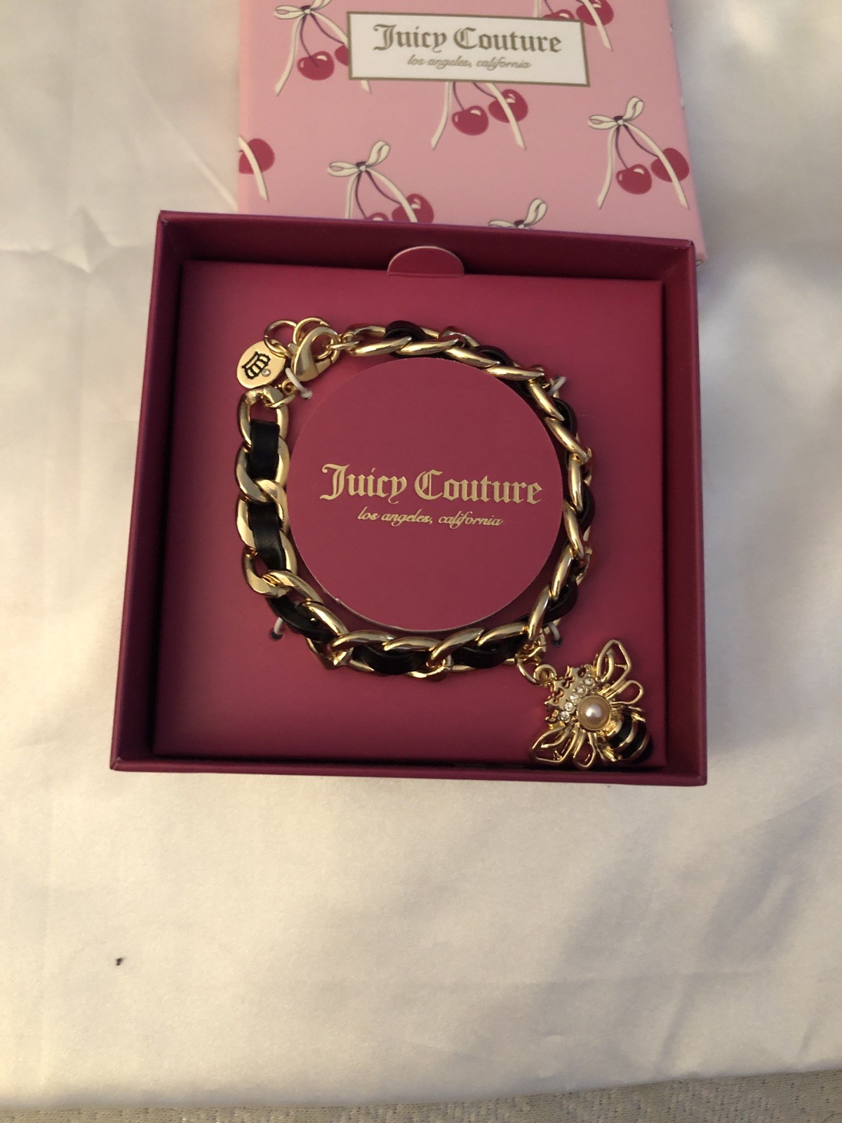 Juicy Couture Gold Tone & Woven Black Faux Leather Charm Bracelet Bee Charm NIB