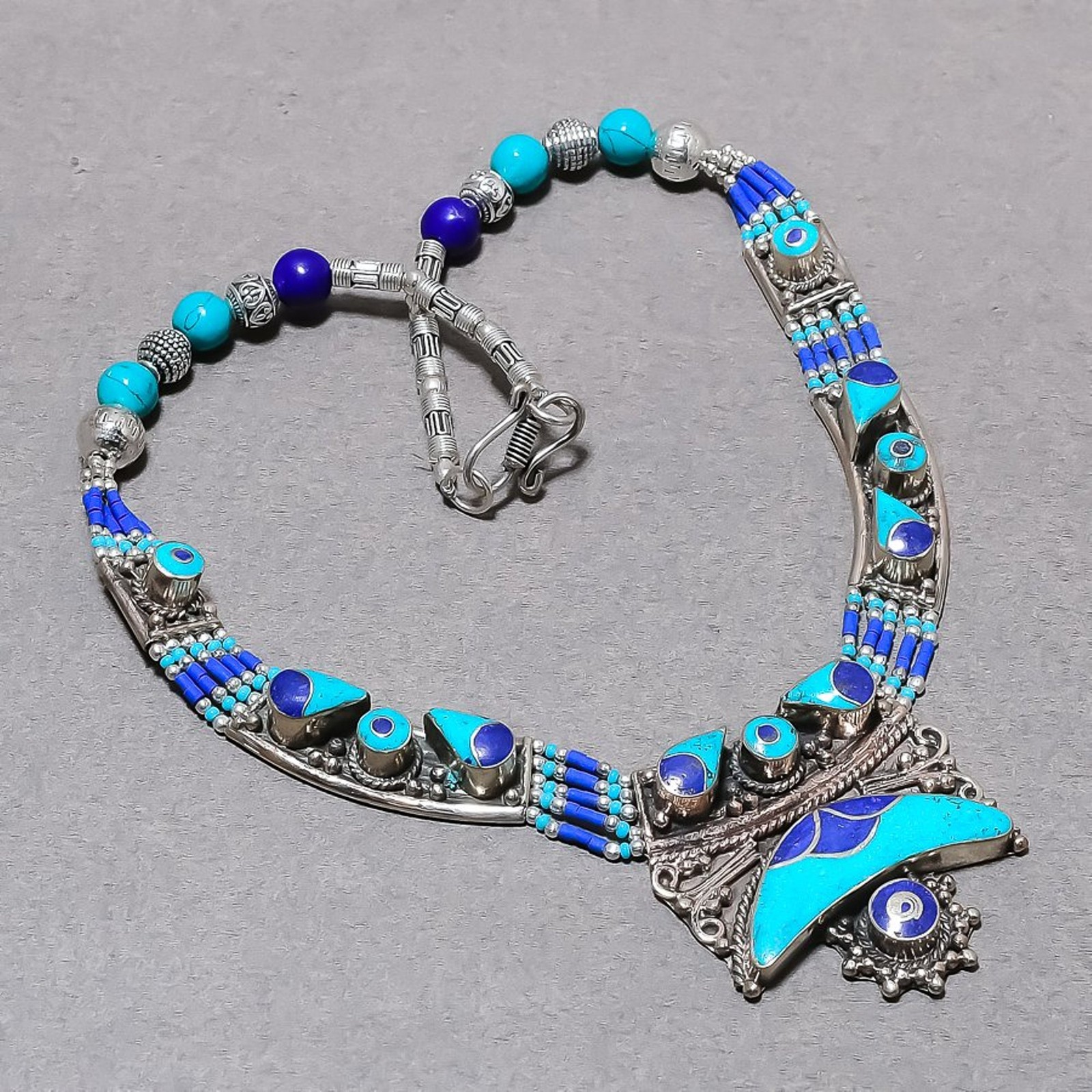 Turquoise Lapis Lazuli Gemstone Necklace Boho Tibetan Nepali Jewelry 18″ NN 7205