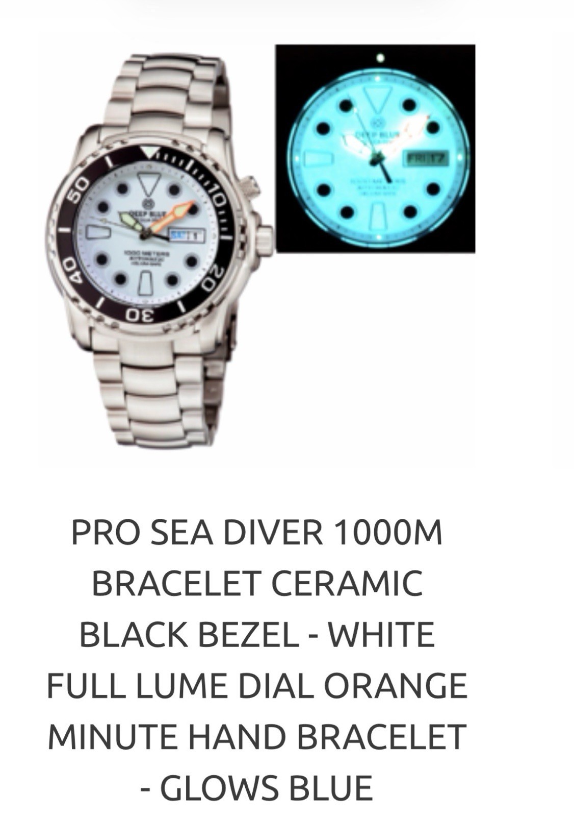Deep Blue PRO SEA DIVER 1000M AUTO DIVE WATCH-BLUE FULL LUME DIAL/NEW‼️