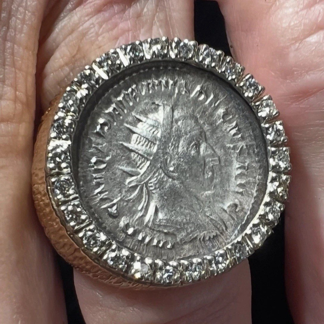 Ancient Gordian lll Coin Yellow Gold Diamond studded Men’s Ring. Custom made.