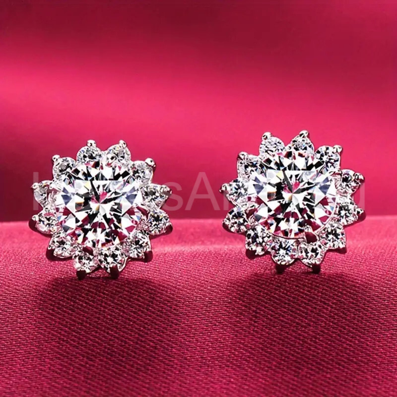 3ct Round Cut Moissanite Floral Halo Stud Earrings 14K White Gold Plated