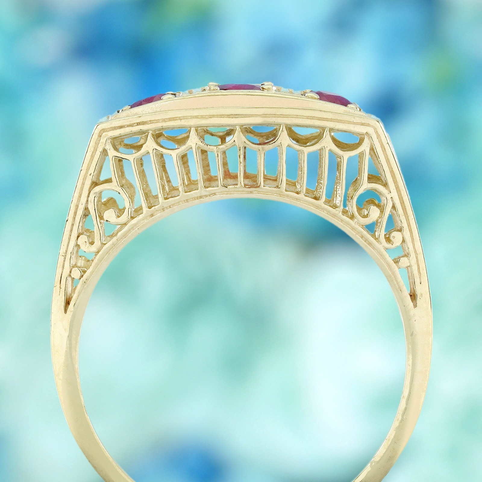 14K Yellow Gold Solid Natural Ruby Vintage Style Three Stone Filigree Ring