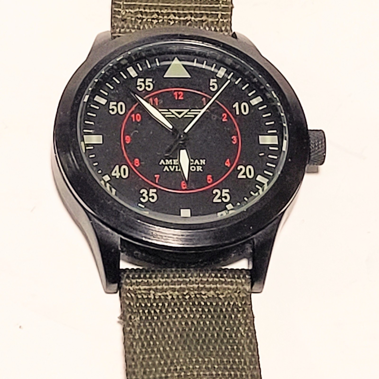 American Aviator 1945 Black Tone Quartz Wristwatch Field Watch Olive Green Band