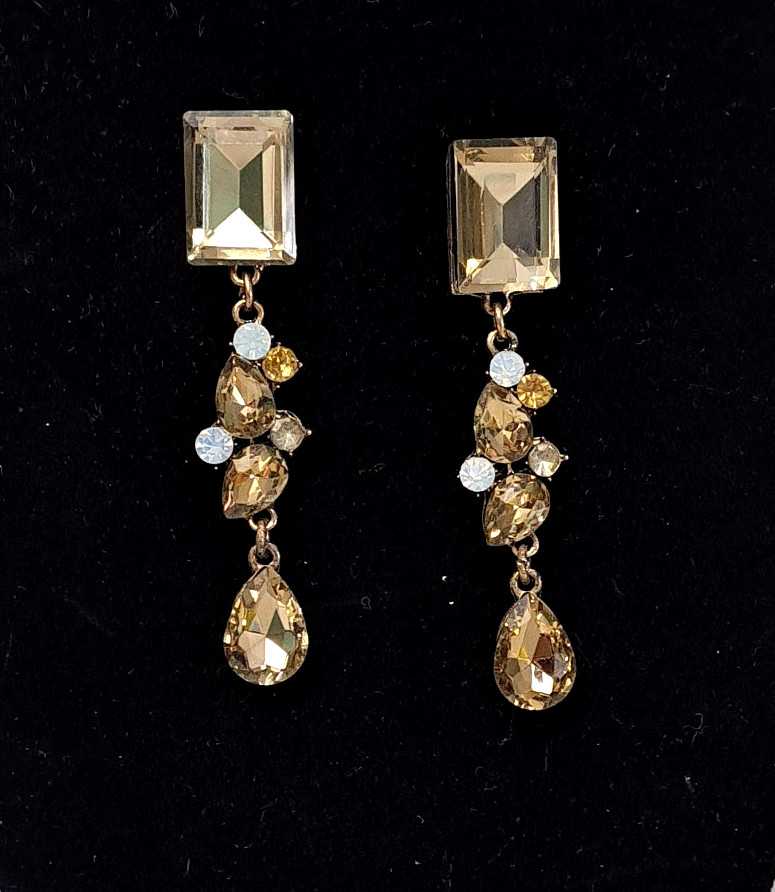 Jim Ball Crystal Gem Rectangle Pear Dangle Drop Earrings Champagne Prom Night