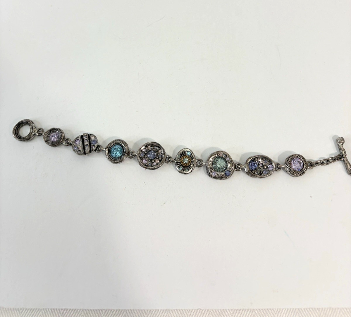 Patricia Locke Bracelet Silver Plate Swarovski Crystals Toggle 7.5″ Signed