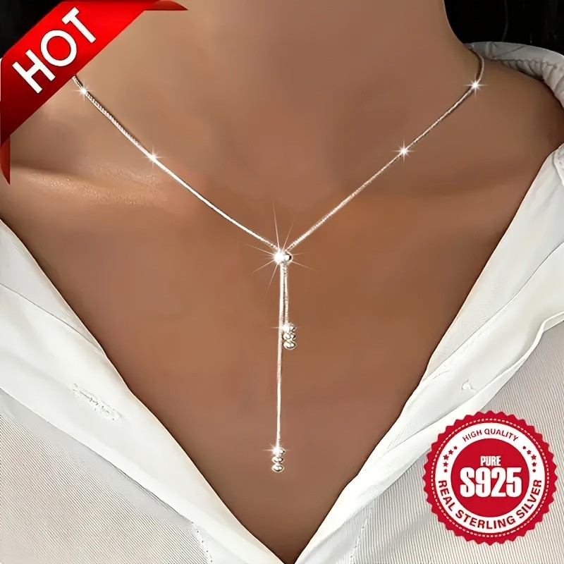 925 Sterling Silver Y Necklace Women Adjustable Bead Slider