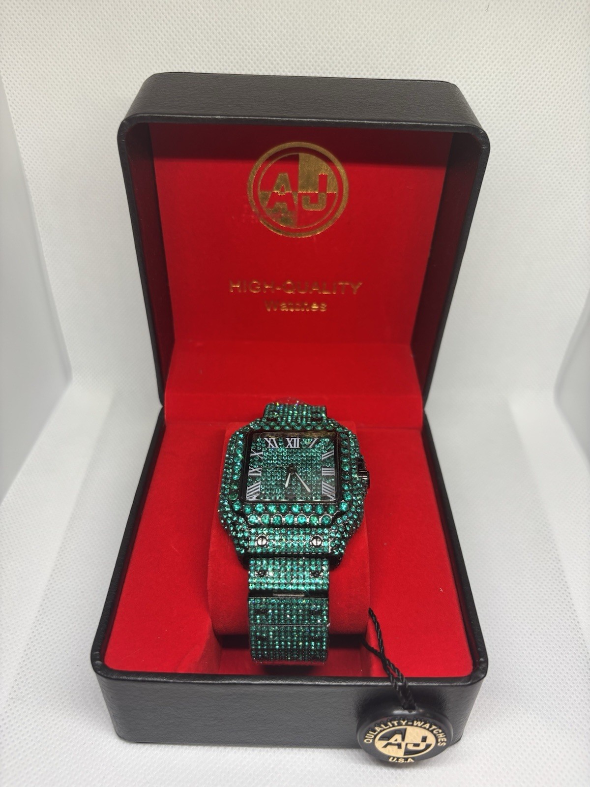 AJ Iced Out Green Crystal Watch Black Stainless Steel Roman Dial New