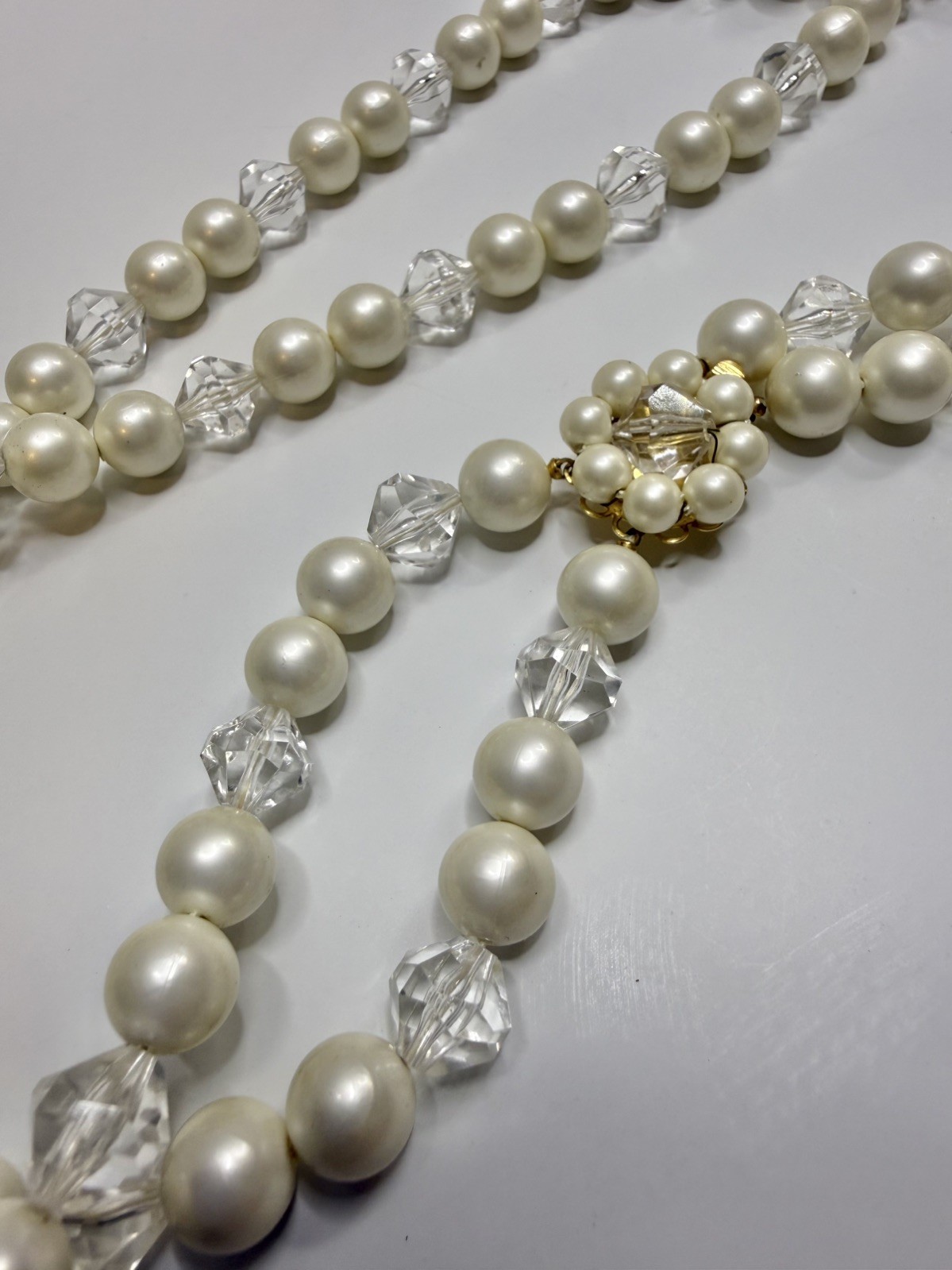 Vintage Marvella Cream Faux Pearl ⚪️Crystal Bead Multi Strand Necklace Marked✨
