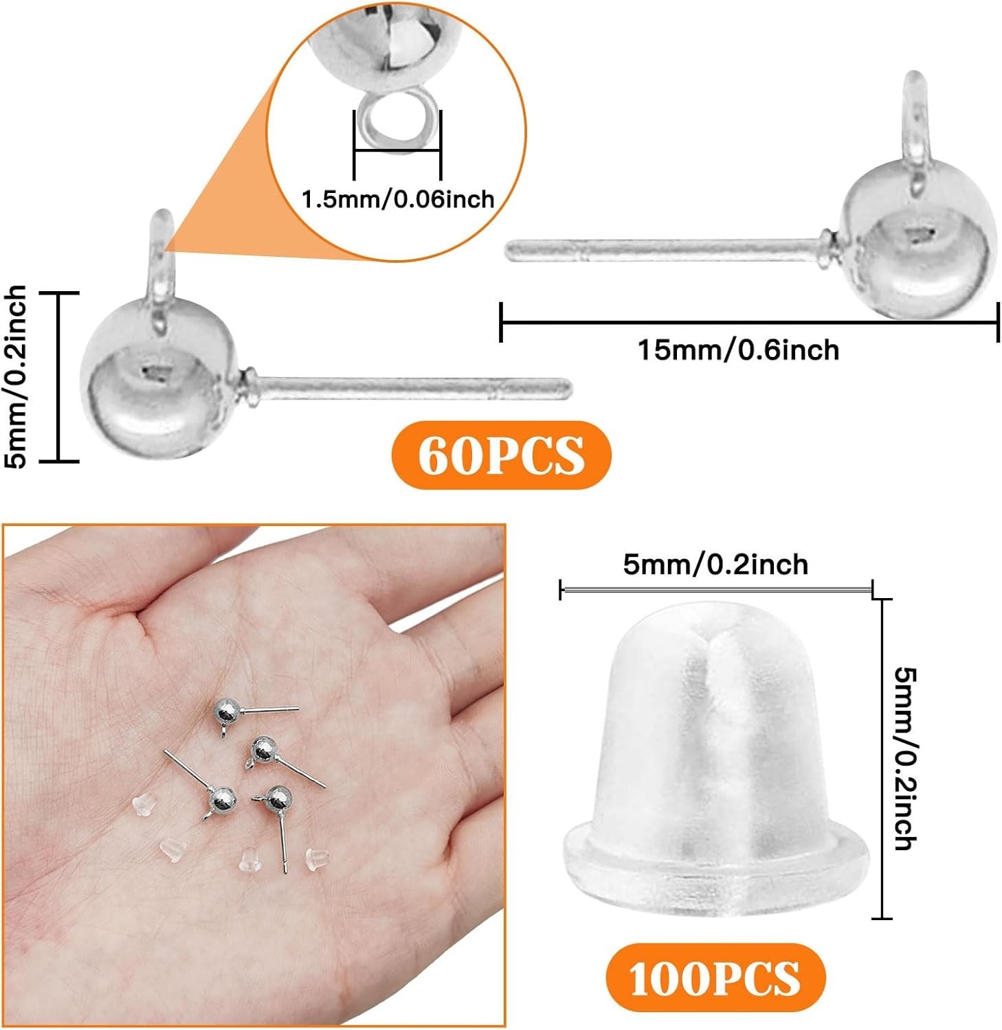 60pcs Ball Studs for Jewelry Making,Hypoallergenic Ball Earring Studs with Lo…