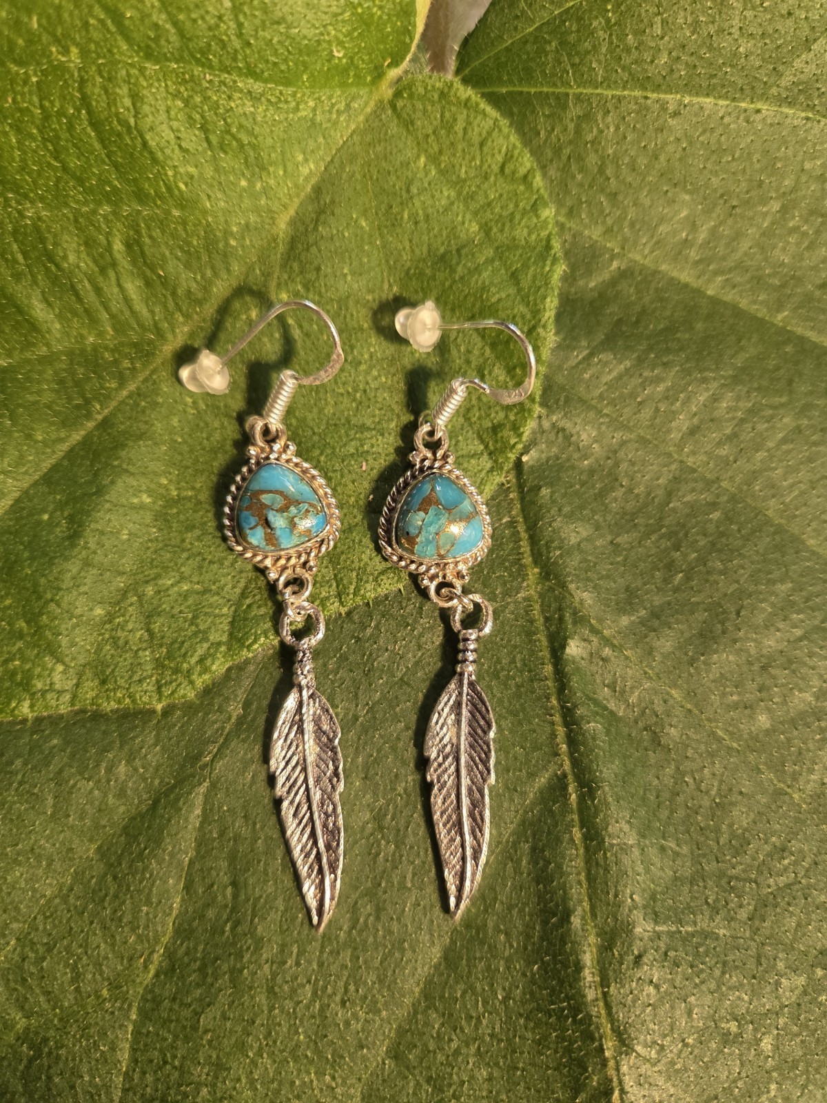Genuine Turquoise W/ Feather Sterling Silver Dangle Earrings E20
