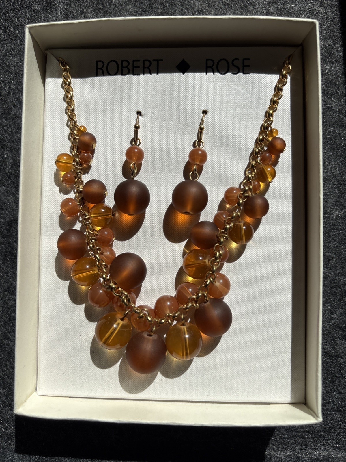 Vintage Robert Rose Orange Amber Gold Beaded Statement Necklace & Earrings Set