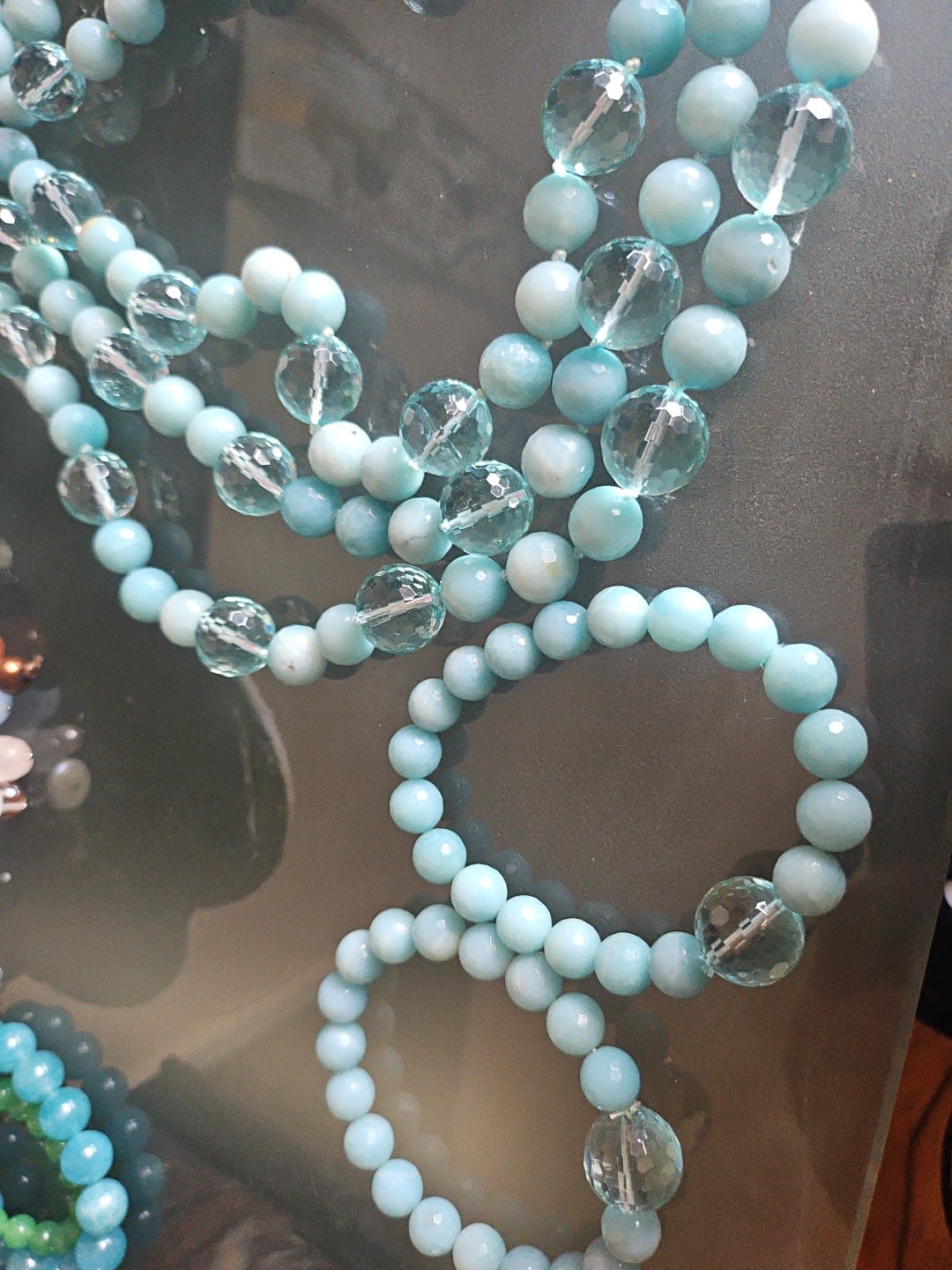 LP Genuine Stones Amazonite Bids & Blue Topaz 3 Strands Silver 925 Necklace 22″
