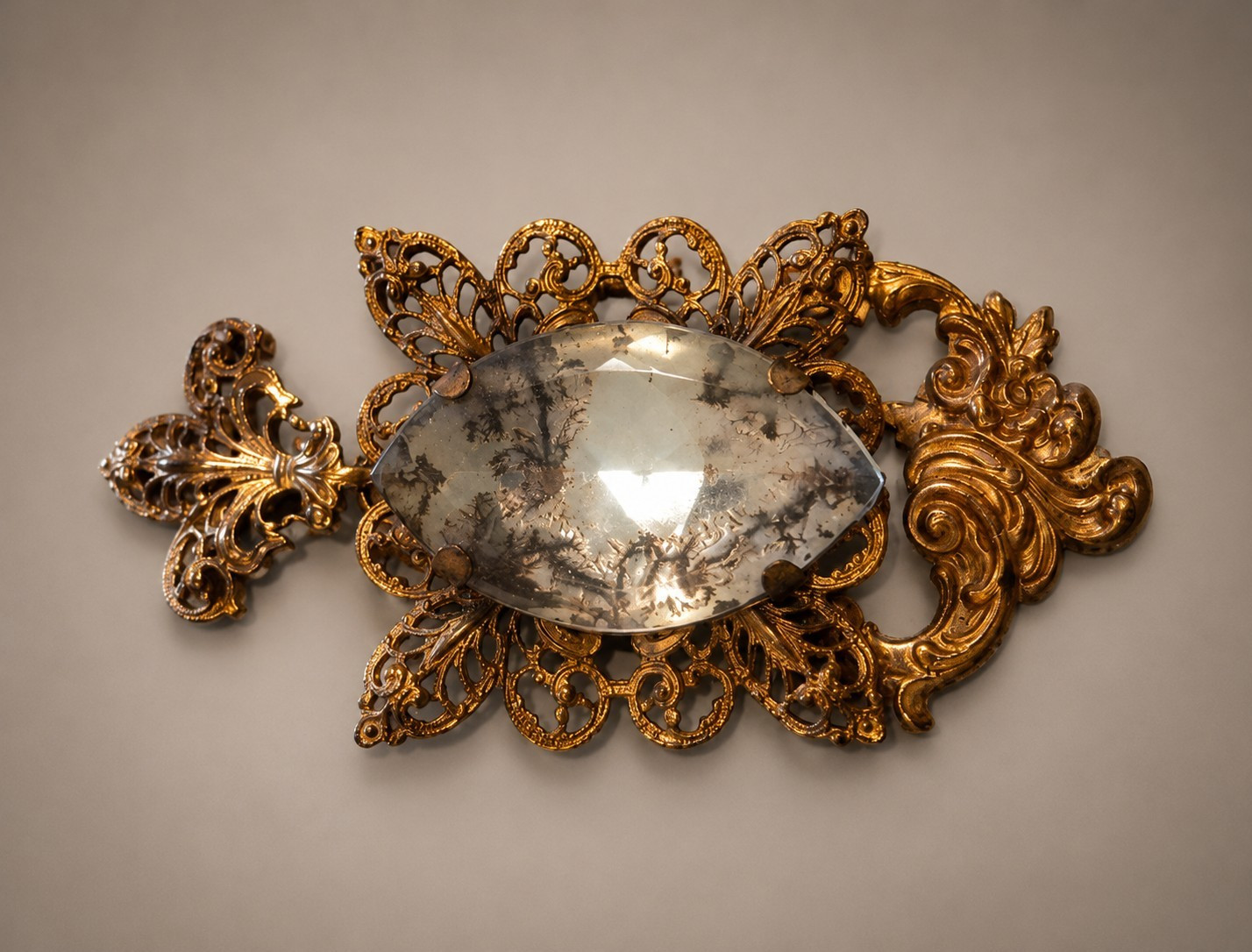 Gold Tone Filigree Brooch Pin, Oval Gray Stone, Asymmetrical Art Floral