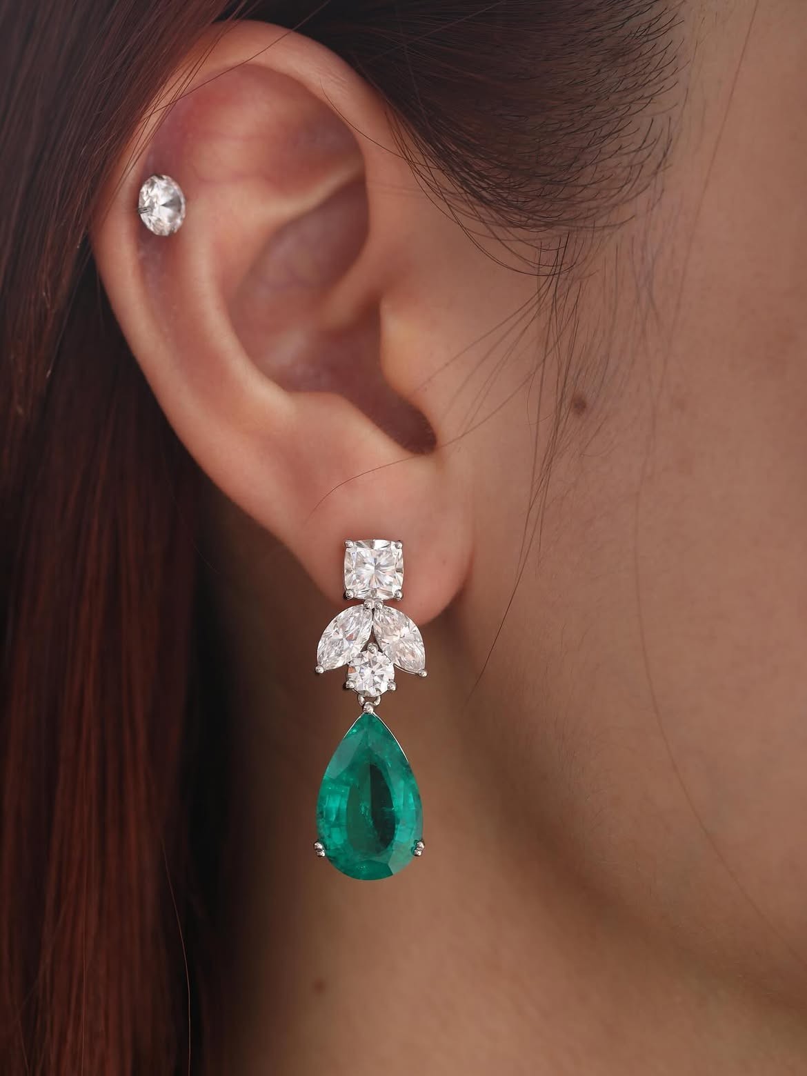 Premium 6.50 Ct Pear Cut Natural Emerald Diamond Stud Earrings 14K White Gold