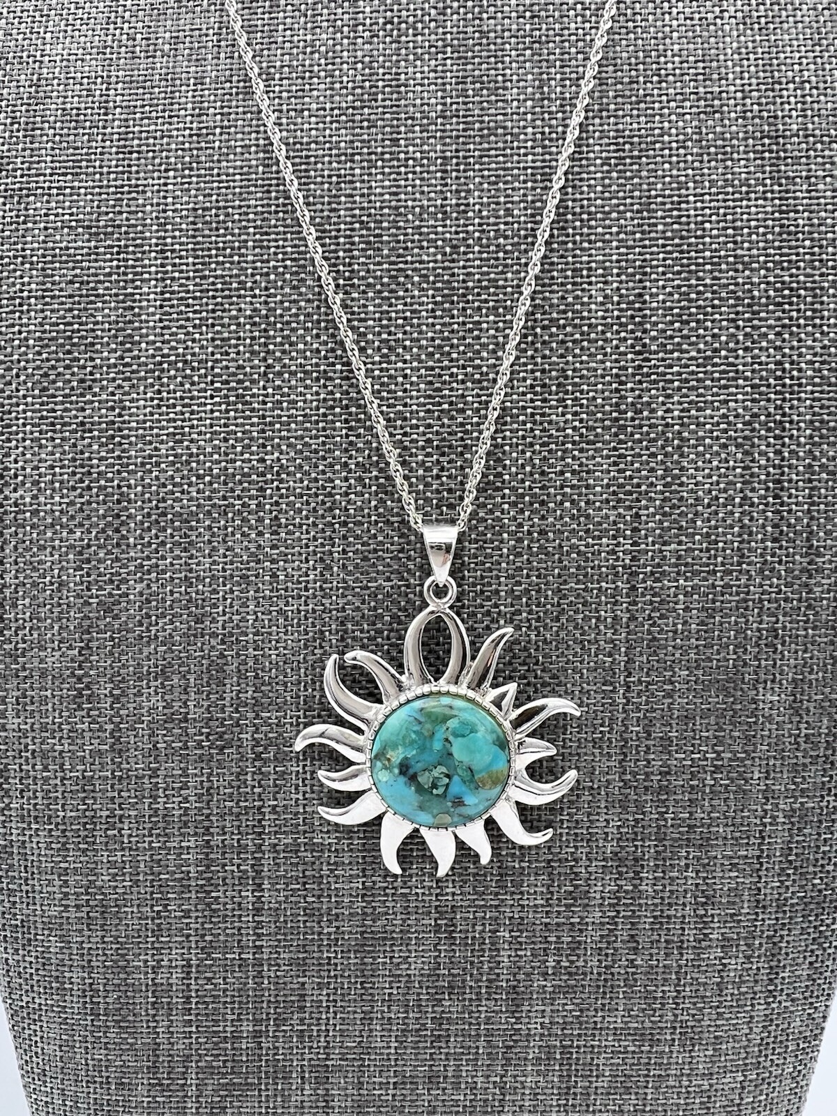ATI 925 Thailand Man made Turquoise Sun Pendant on 18” ATI Necklace