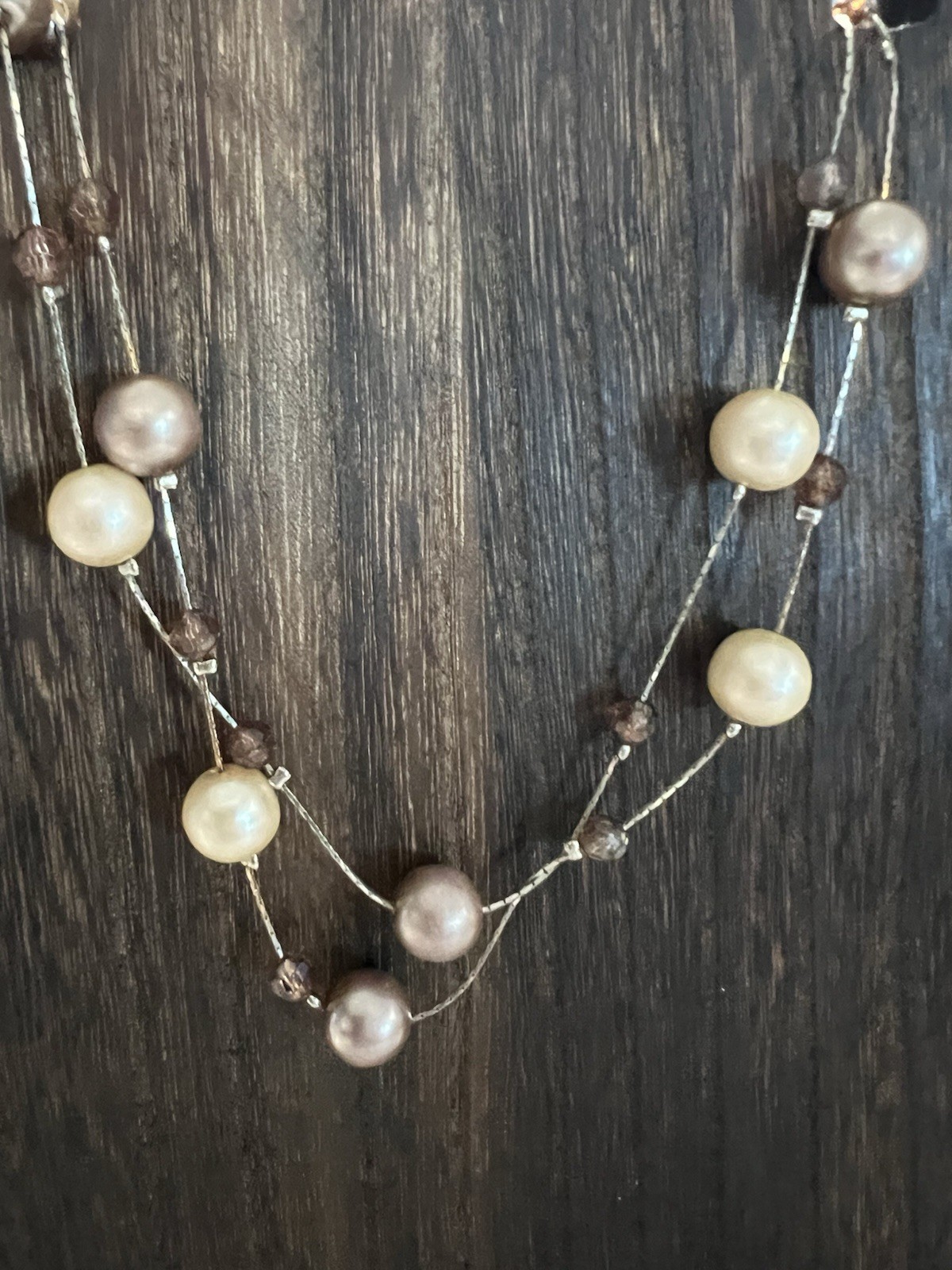 Faux Pearl And Crystal Necklace W/ Cream And Dark Mauve Pearls Gold Tone Strand