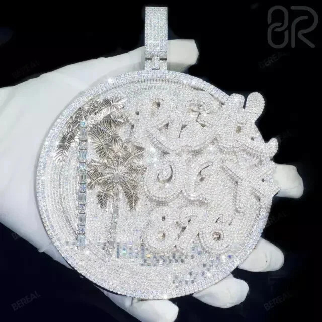 5Ct Round Cut Moissanite Men’s Custom Disk Name Pendant 925 Sterling Silver