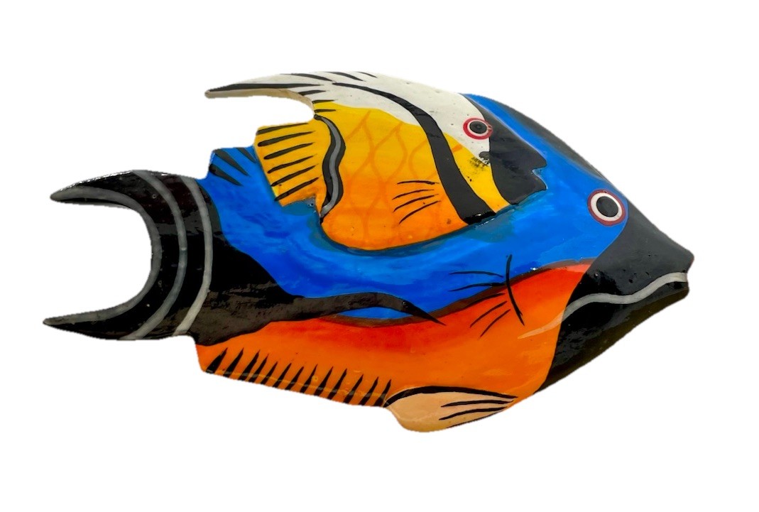 Vintage Colorful Tropical Fish Brooch Blue Orange Black Estate Statement Piece