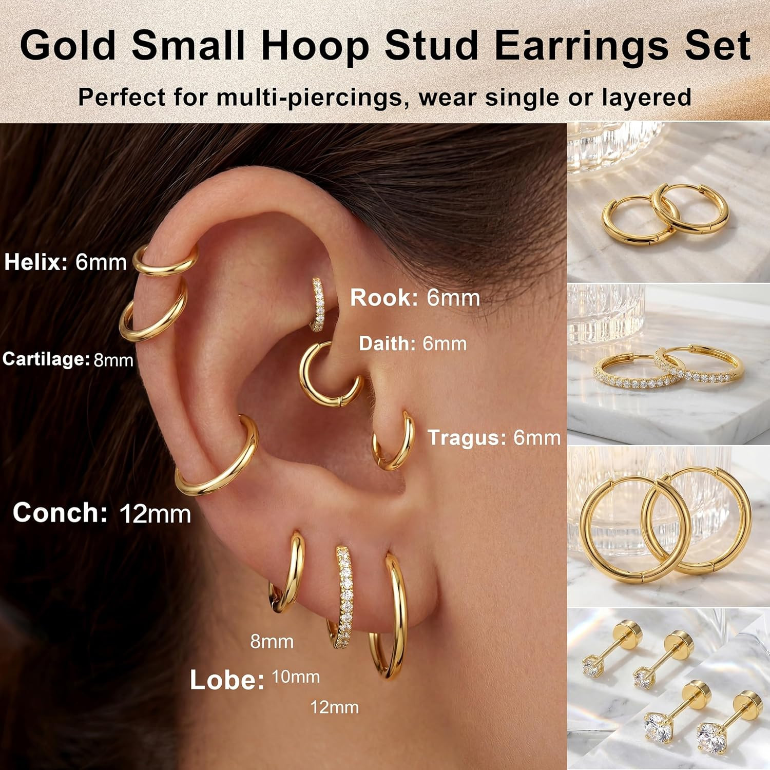 Small Gold Huggie Hoop Stud Earrings Set for Women Stack, Flat Back 316L Hypoall