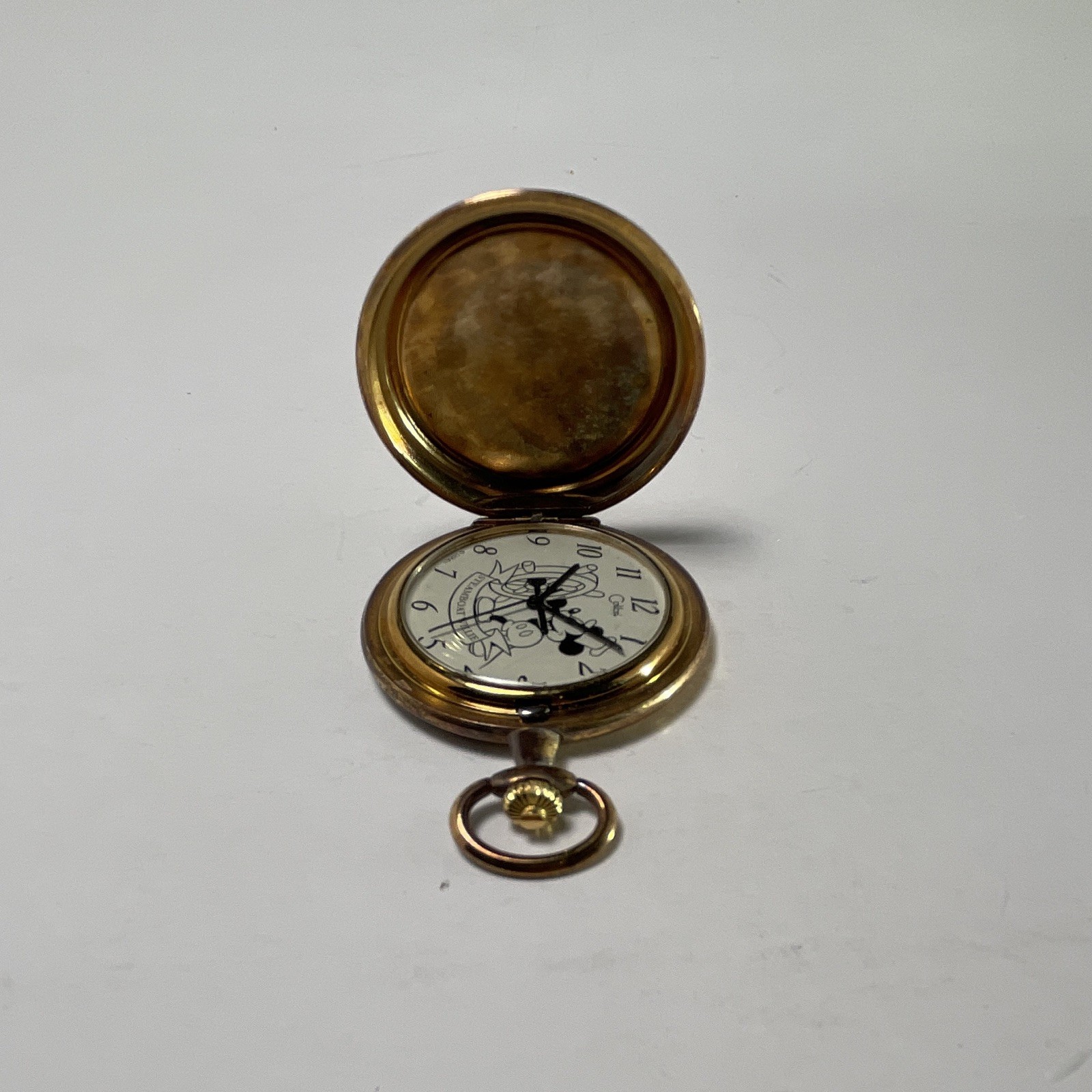 Disney Mickey Mouse Full Hunter Quartz Analog Pocket Watch Gold Tone Metal