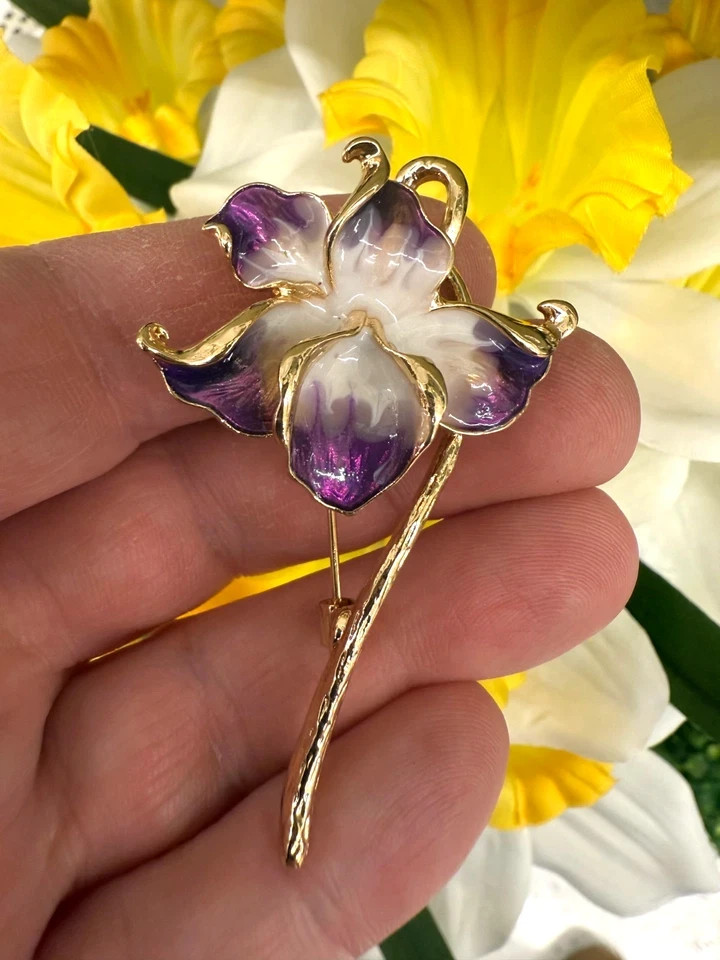 New Orchid Enamel Flower Brooch, 2.28-Inch, 14K Gold‑Plated Pin