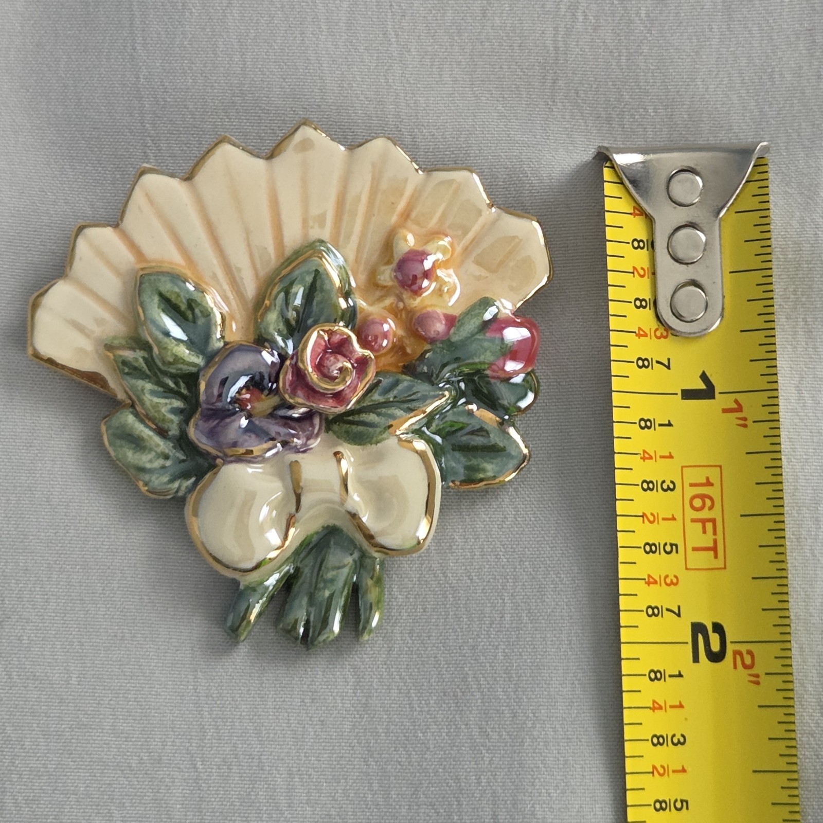 Fan Shaped Brooch Enamel On Ceramic
