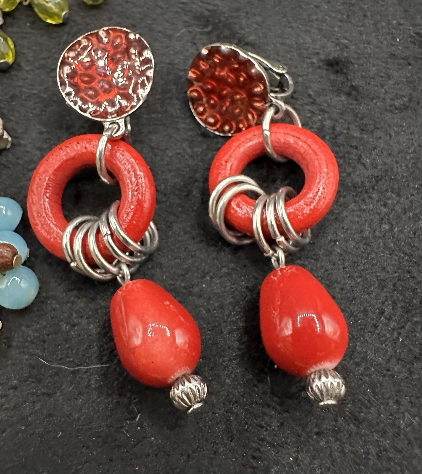 Vintage Lot Of 4 Clip On Earrings Glass Wood Plastic Multicolor BOHO HIPPIE
