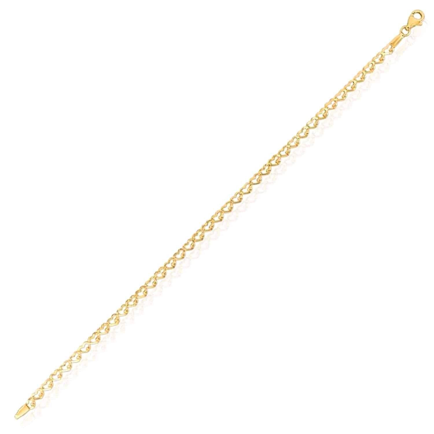 14K Yellow Gold 3.2mm Hearts Charm Link Bracelet (Hollow) 7″