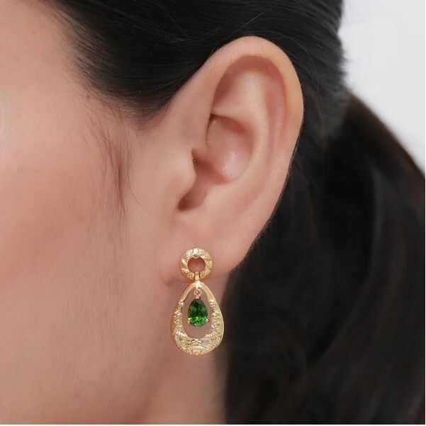 Chrome Diopside Drop Stud Earrings in 14K Gold Overlay Sterling Silver 1.57 Ct.