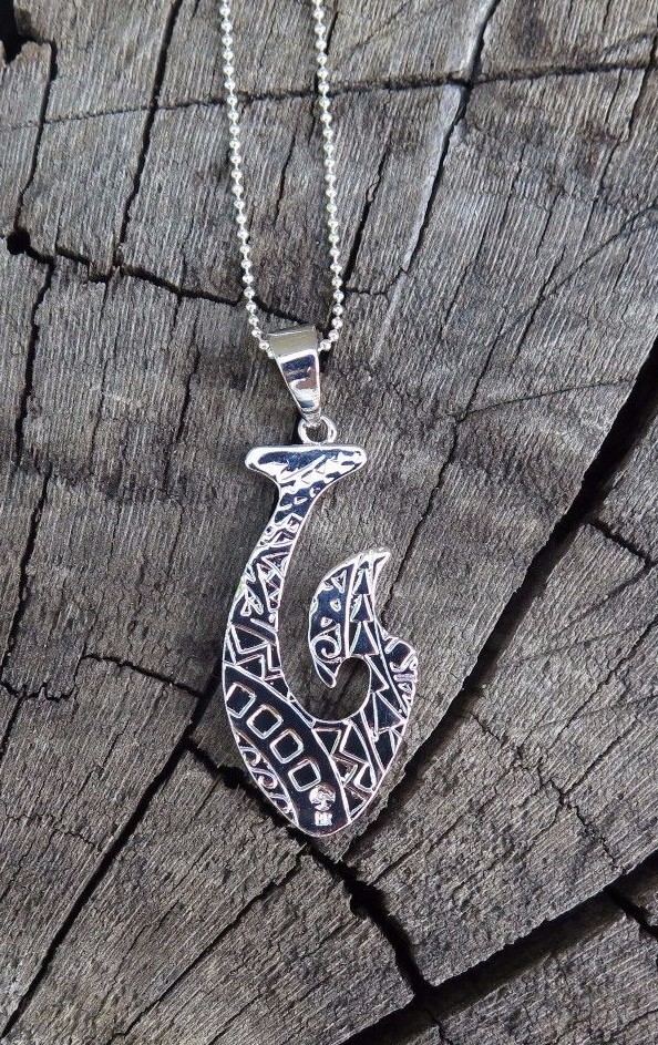 Hawaiian Koa Wood Jewelry Fish Hook Scroll Rhodium Plated Brass Pendant BRP1073
