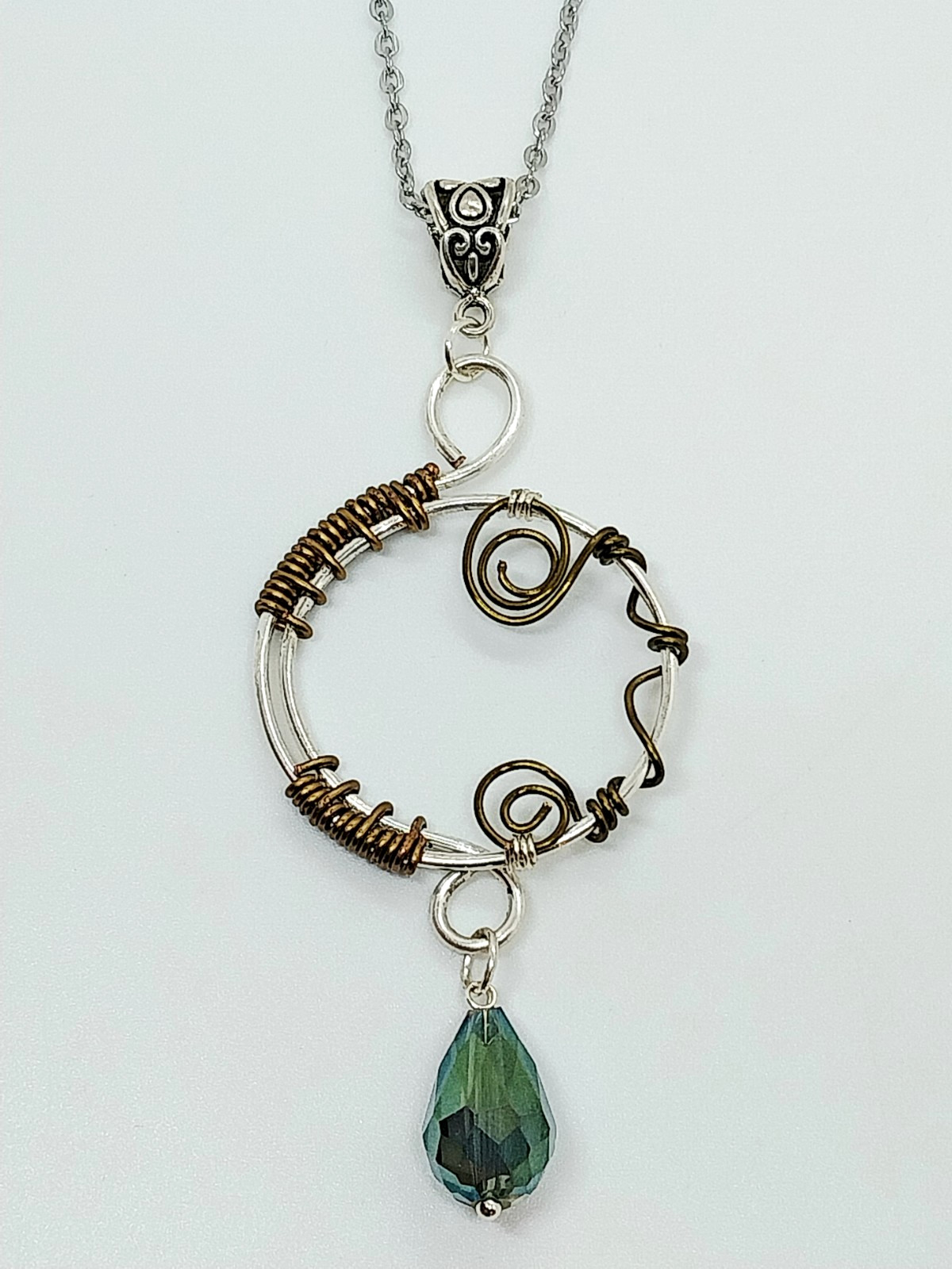 Handcrafted Artisan Mixed Metal Wire Wrapped Swirl Pendant Necklace