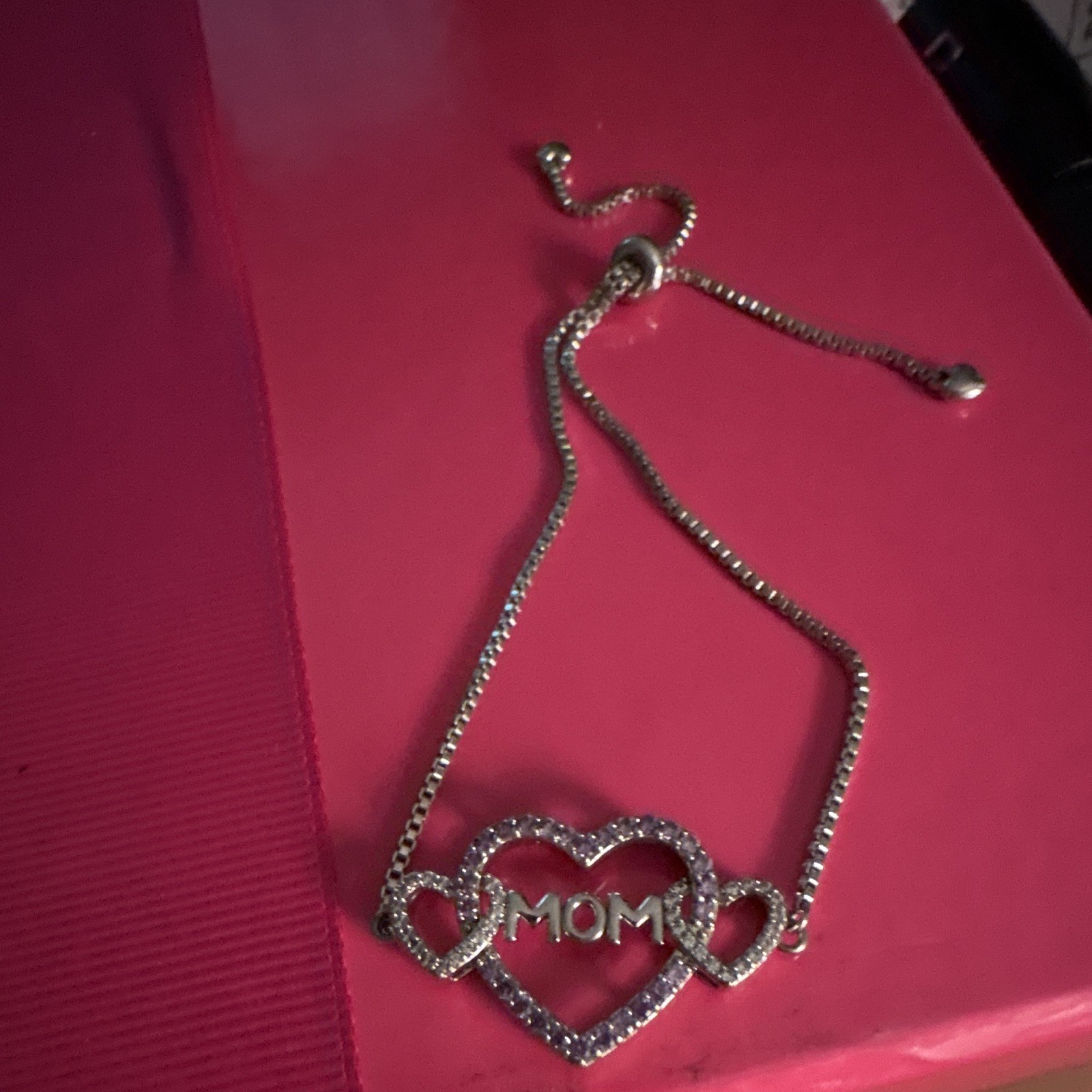 Silver Tone Adjustable Slider Chain Bracelet Heart MOM Charm Clear Crystal
