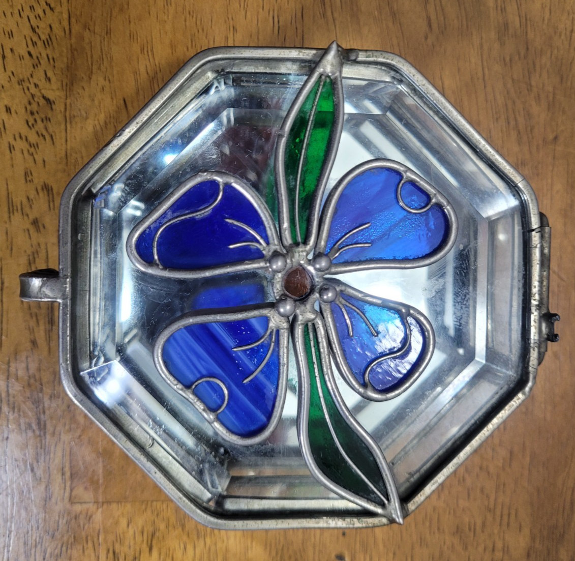 Octagon Stained Glass Trinket Jewelry Box Mirrored Bottom Hinged Top Flower