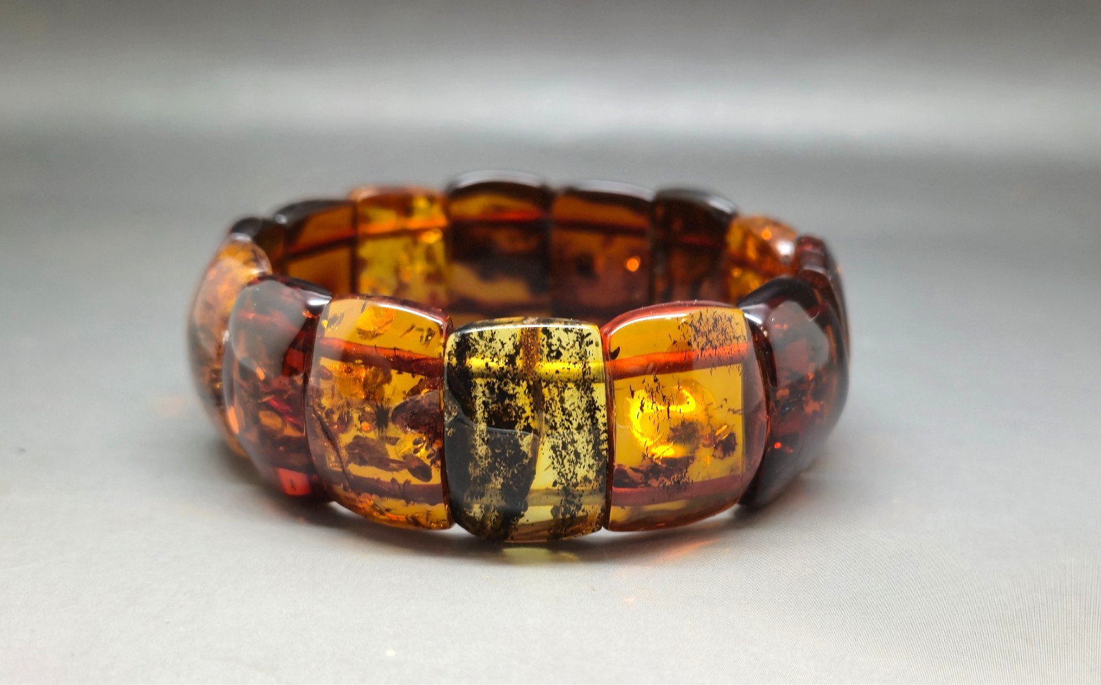 Genuine Baltic Amber Bracelet Cognac Rectangular Slice Beads Stretch Elastic