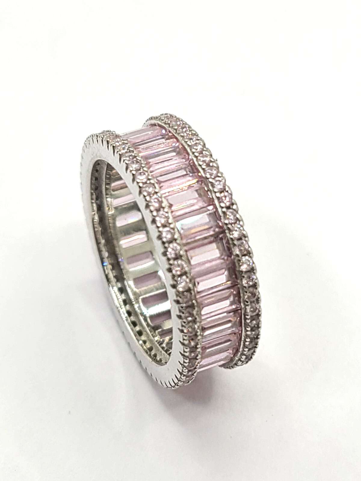 925 Sterling Pink Sapphire Ring Baguette Cut Eternity band sz 7