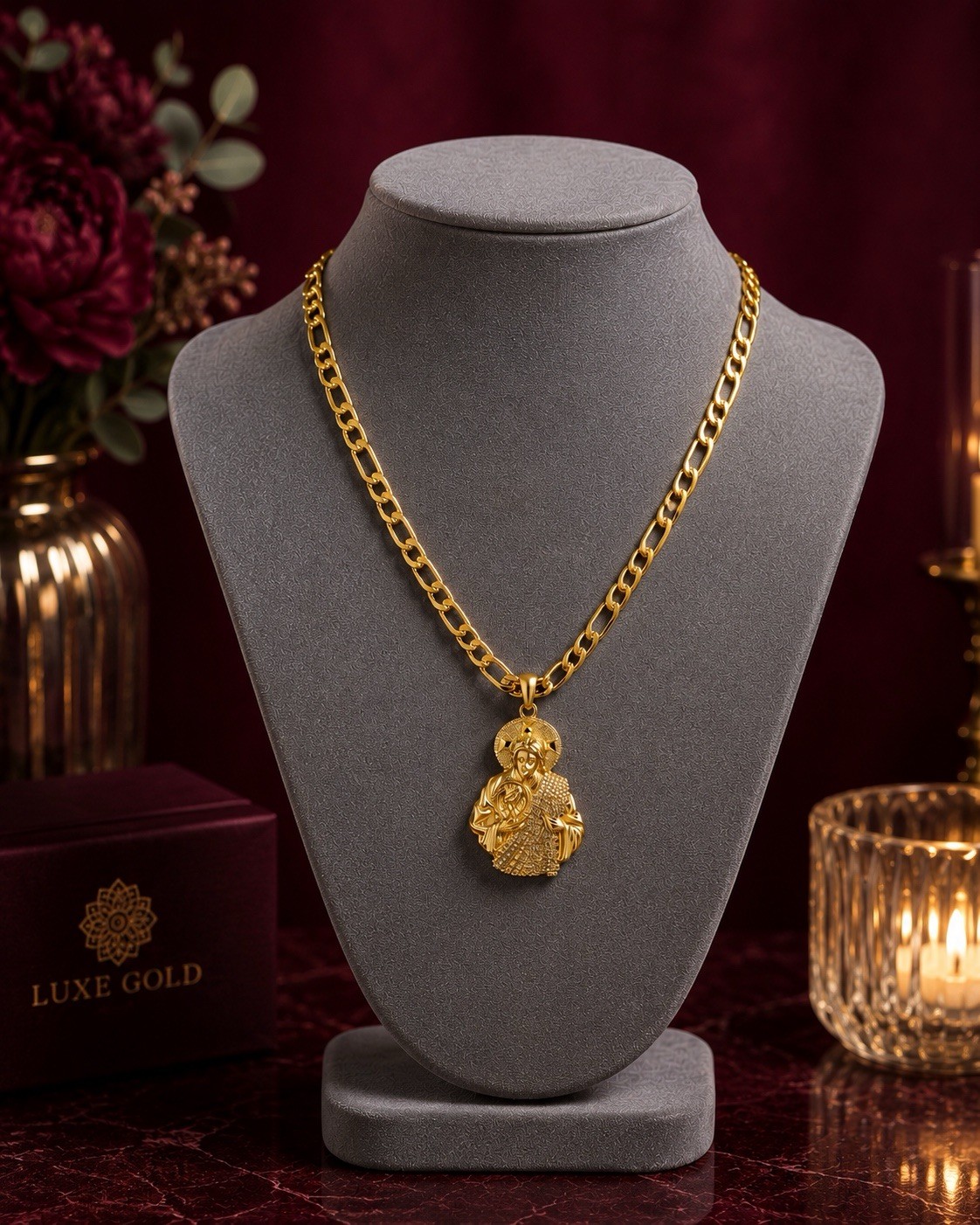 Luxe Gold Yellow Gold Plated Figaro Chain Religious Round Charm 24in