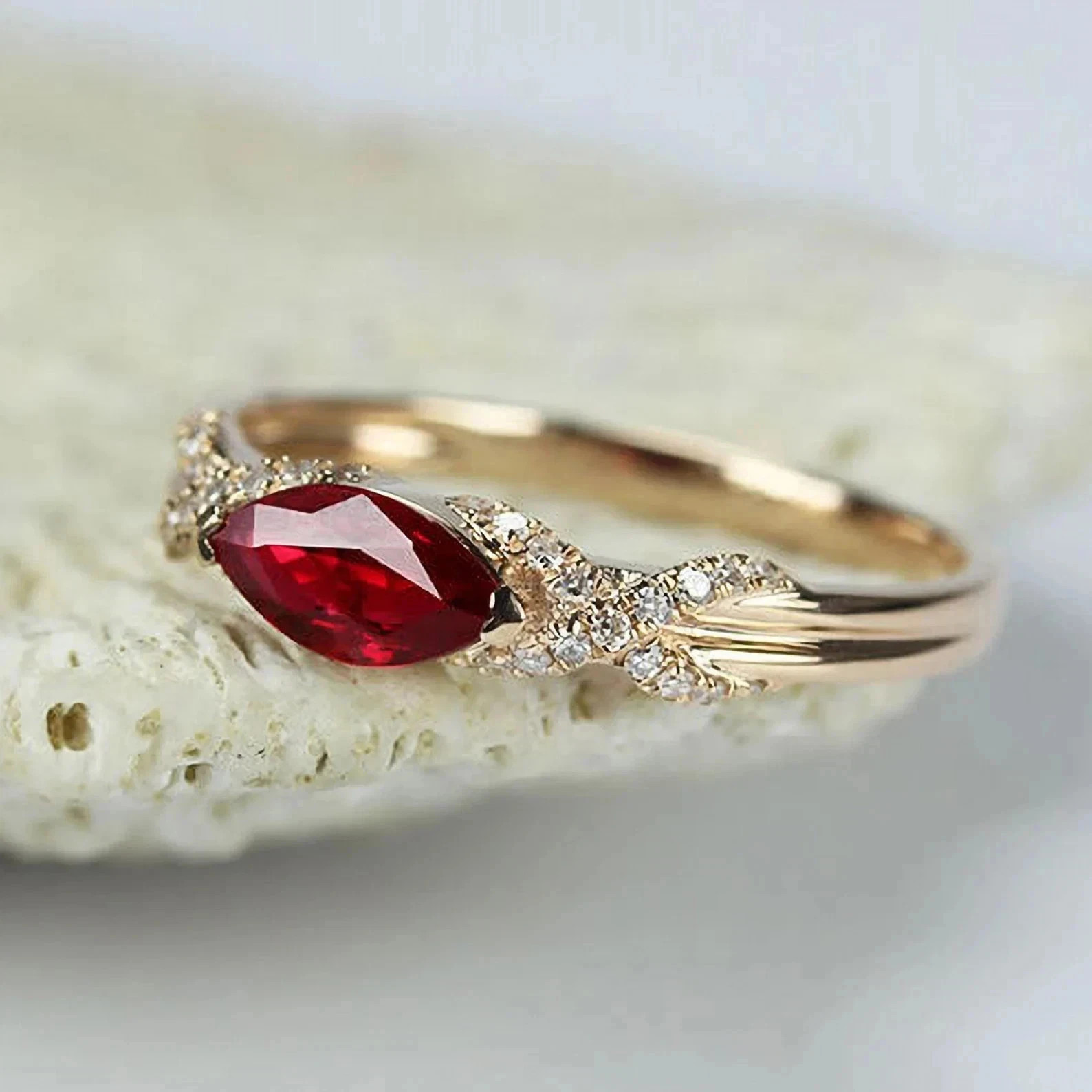 2.56 Ct Marquise Cut Natural Ruby & Diamond Wedding Ring 14K Yellow Gold