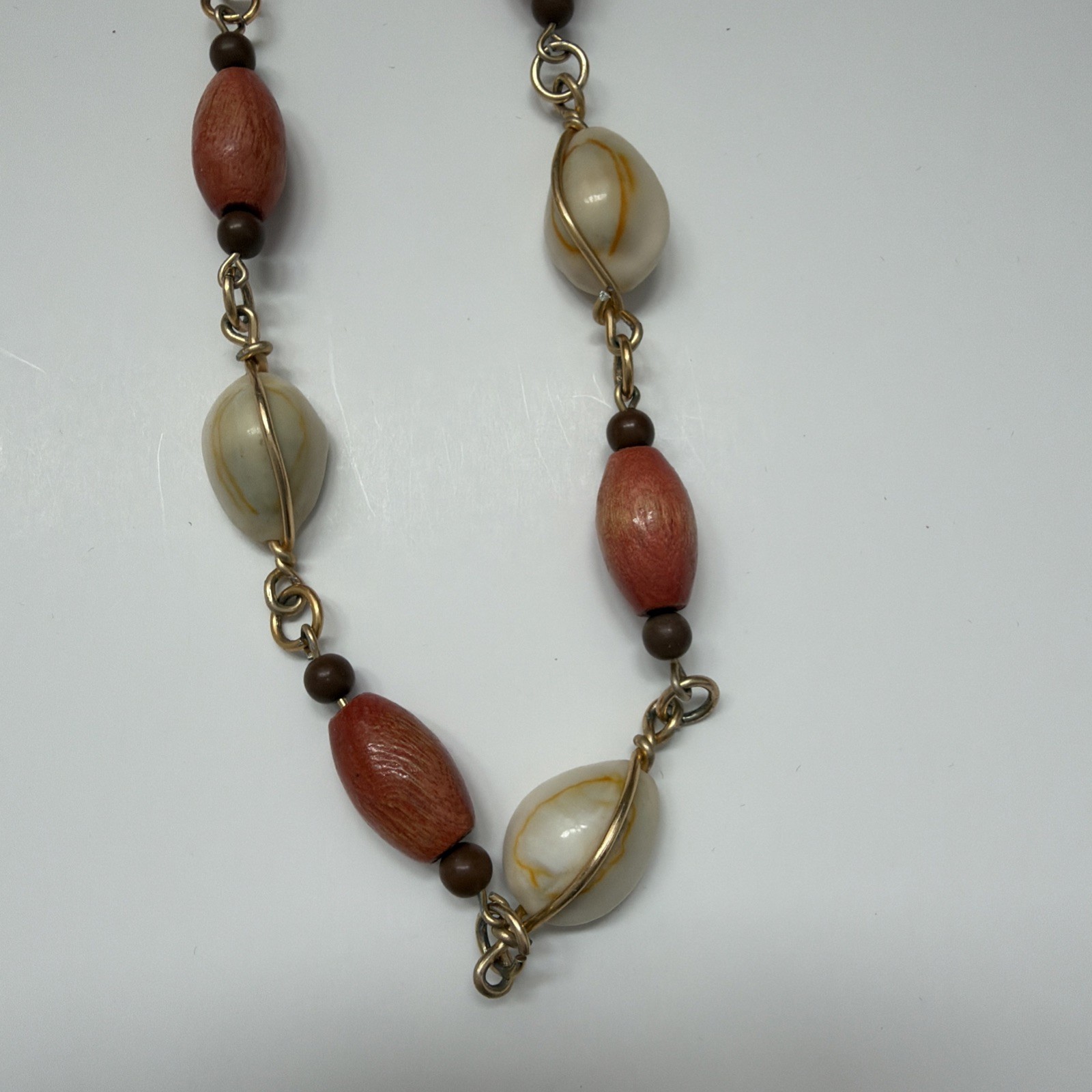 Vintage Cowrie Shell Wood Bead Long Necklace Coastal Beach Boho Resort Jewelry