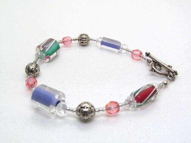 Artisan 925 Sterling Silver Pink Green Purple Filigree Ball Bracelet 8.25 In