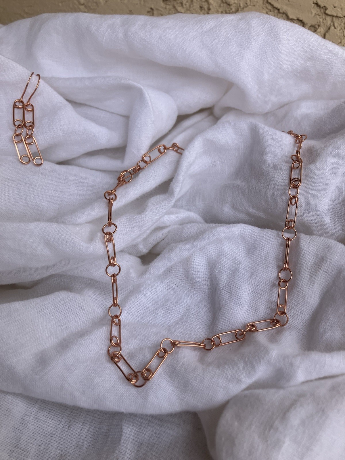 Tribute to Punk Safety Pin Inspired Hand Made Copper Link Necklace and Earrings