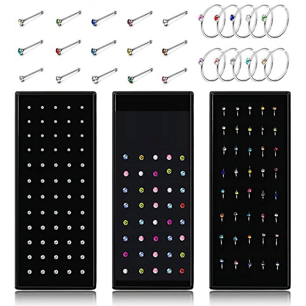 20G Rhinestone Nose Ring Stud 14-60PCS Surgical Steel Bone Studs Nose Rings Set