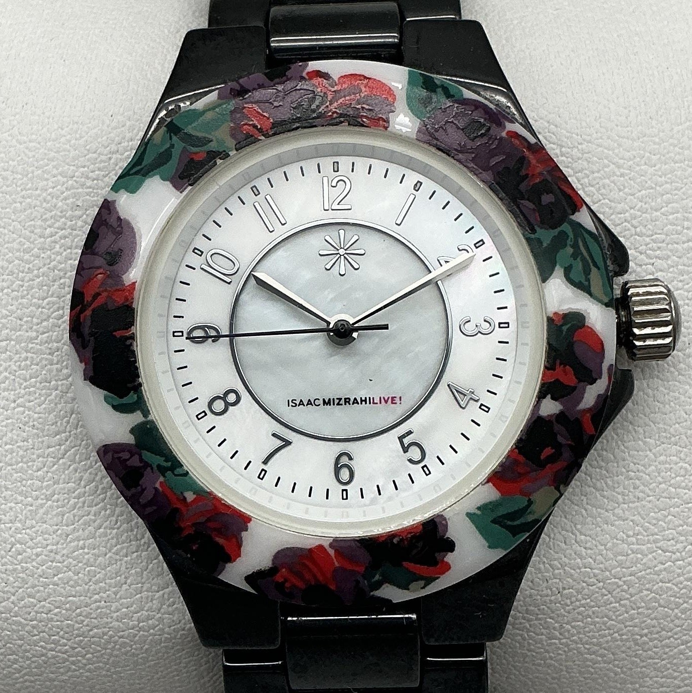 Isaac Mizrahi Live Womens Watch 35mm Floral Bezel MOP Black New Battery 6.5″