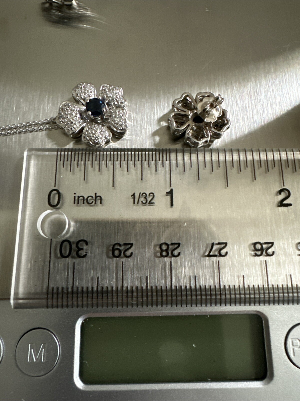 Estate 14k White Gold Flower Sapphire Diamond Pendant & Earrings 8.8grams