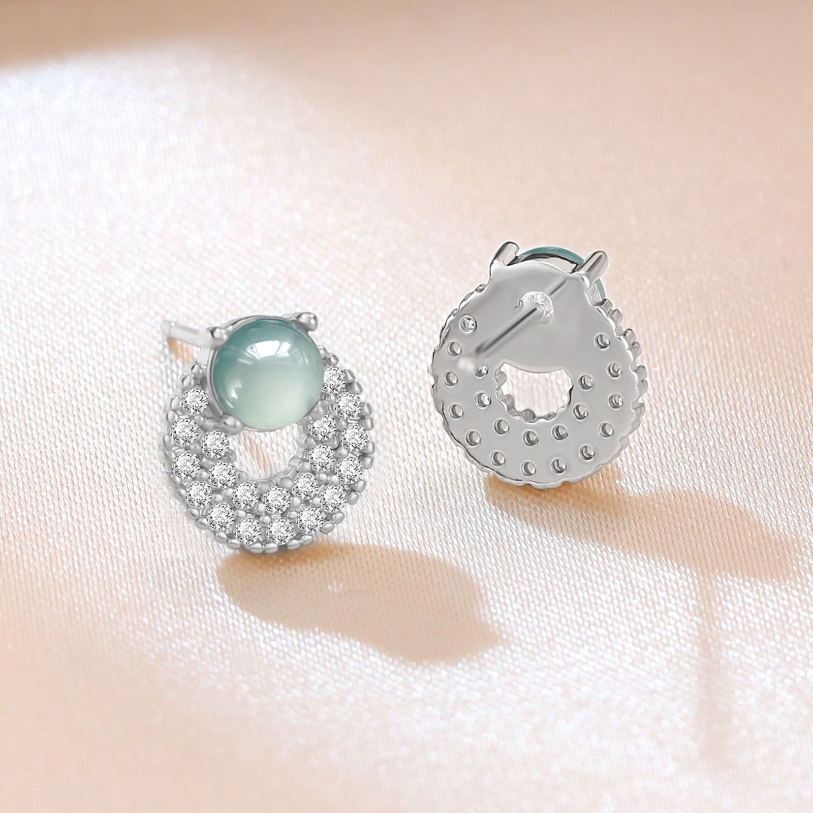 Natural Jadeite Jade Crystal Stud Earrings Gemstone 18K White Gold Plated