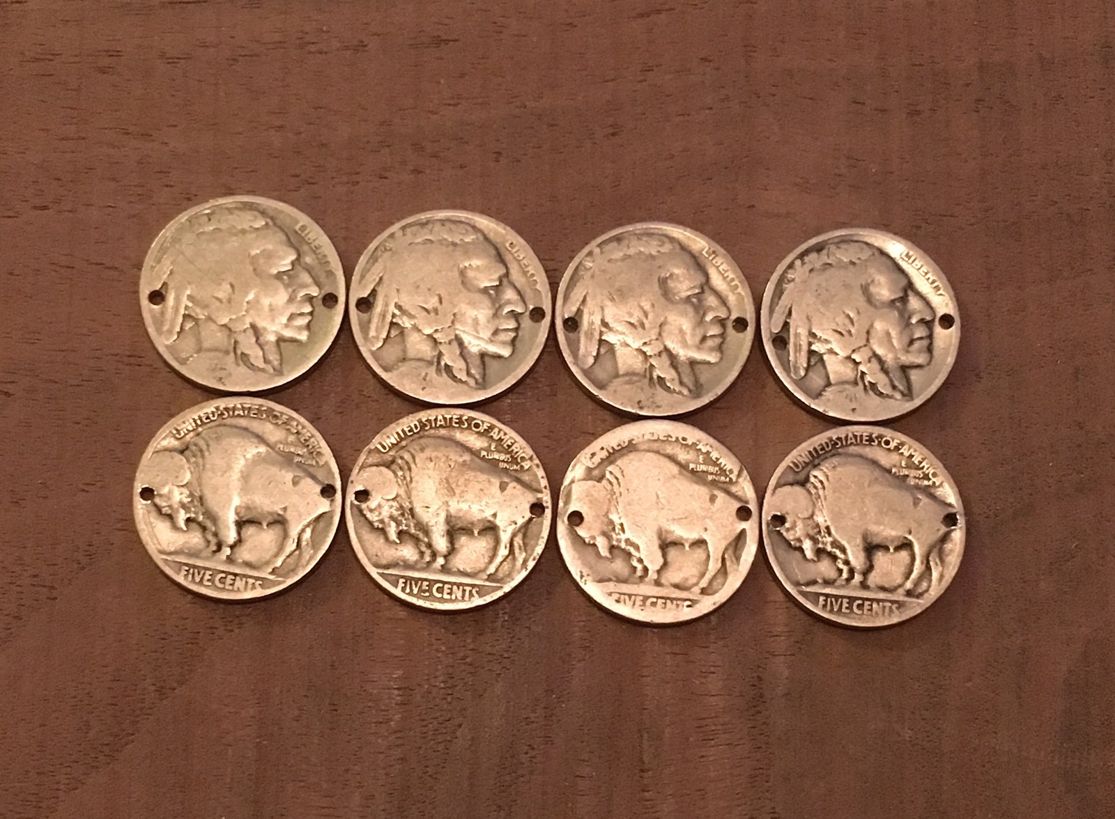 8 Holed Buffalo Indian Head Nickel Coins For Jewelry Or Bracelet-Vintage Antique