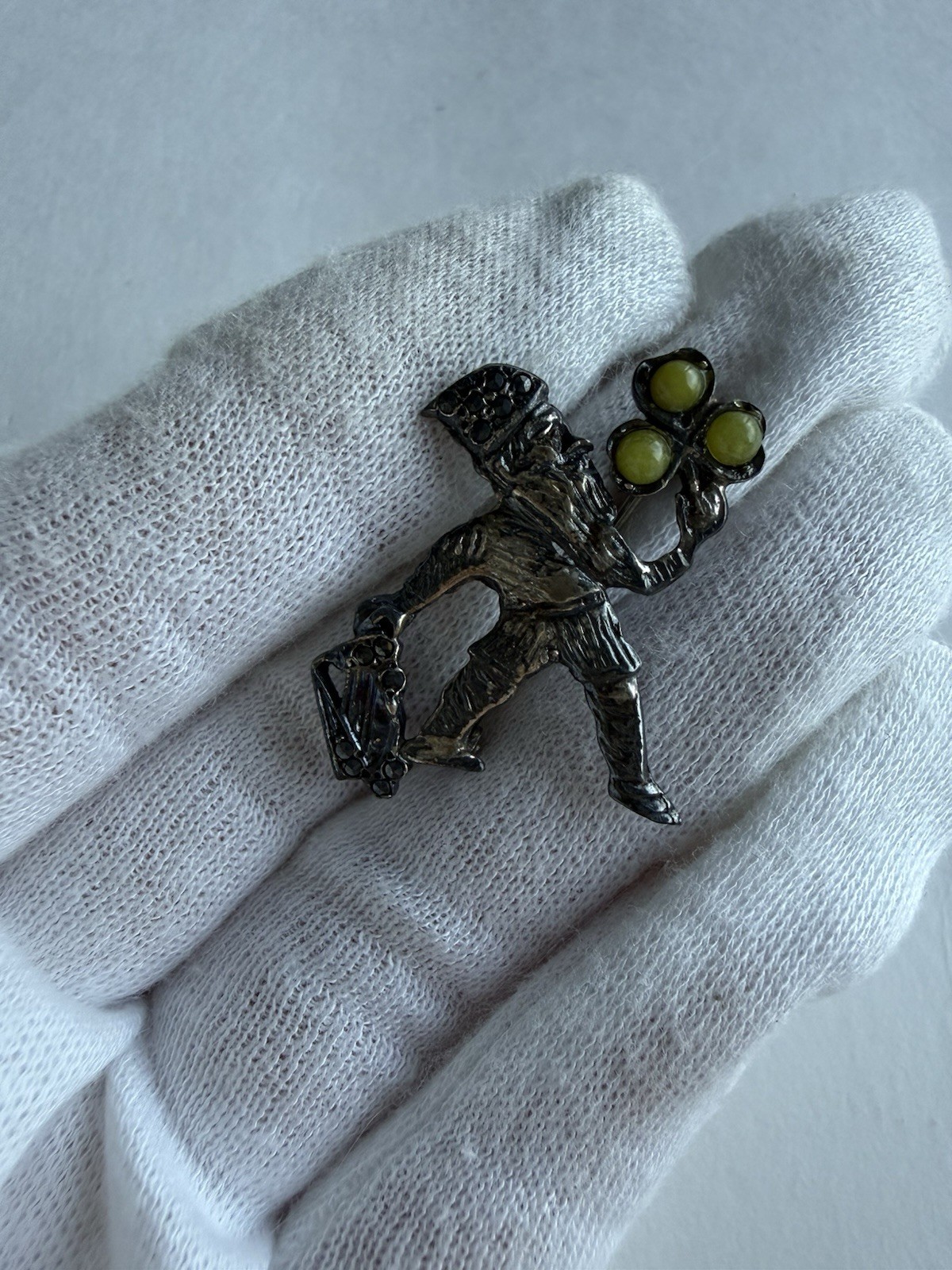 Vintage Sterling Silver Irish Leprechaun Brooch Connemara Marble Marcasite 925