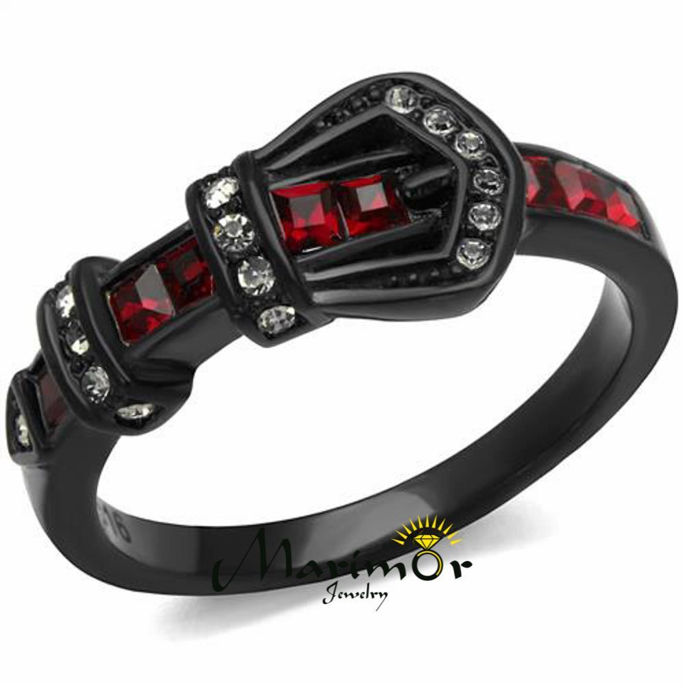 Black Stainless Steel Ruby Red Crystal Belt Buckle Fashion Ring Women’s Sz 5-10