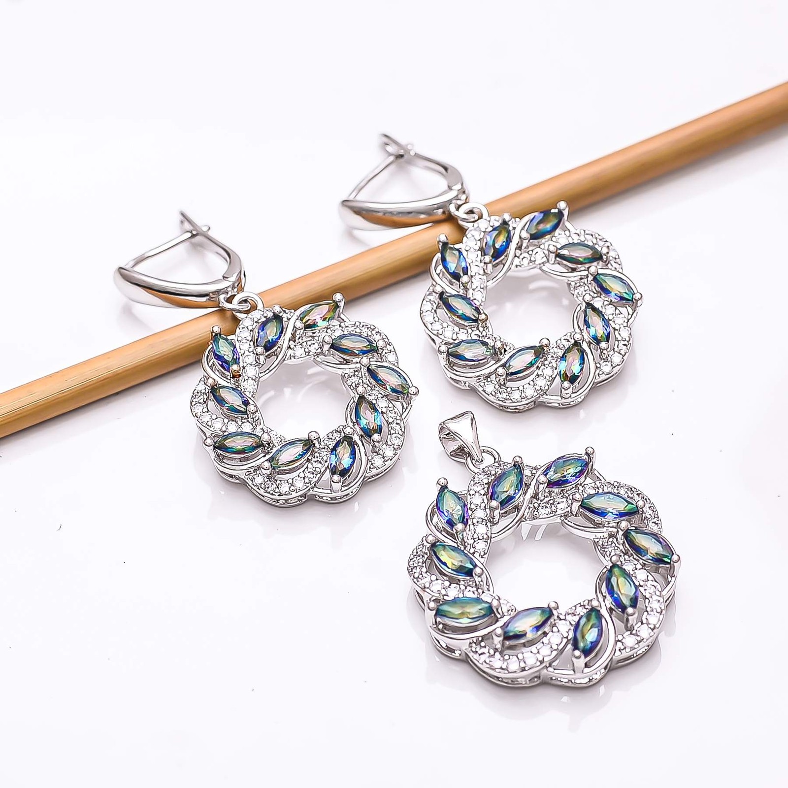 Blue Rainbow Mystic Fire Topaz & CZ 925 Silver Handmade Pendant Set PS8210