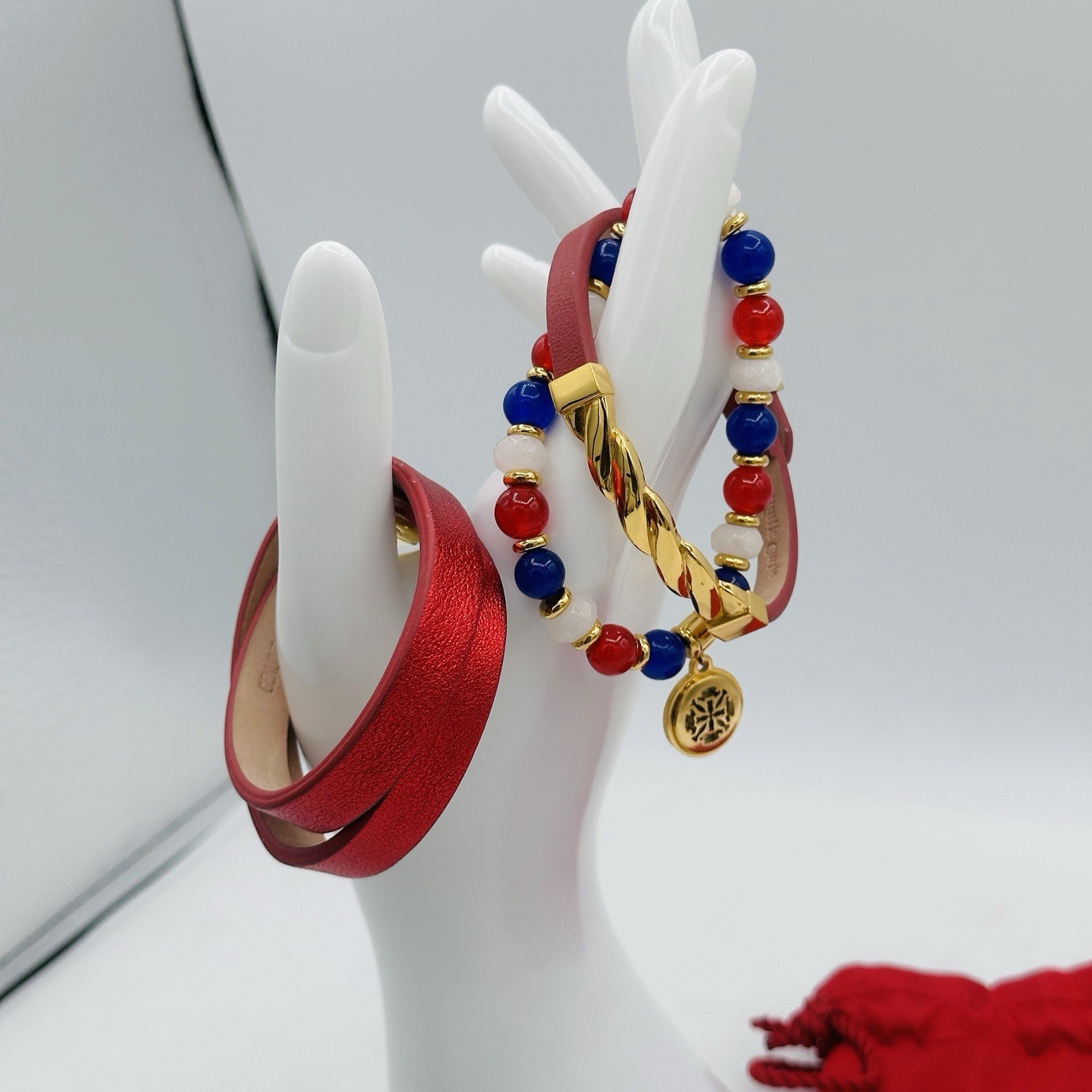 Rustic Cuff Patriotic Red White Blue 3-Piece Bracelet Stack with Pouch
